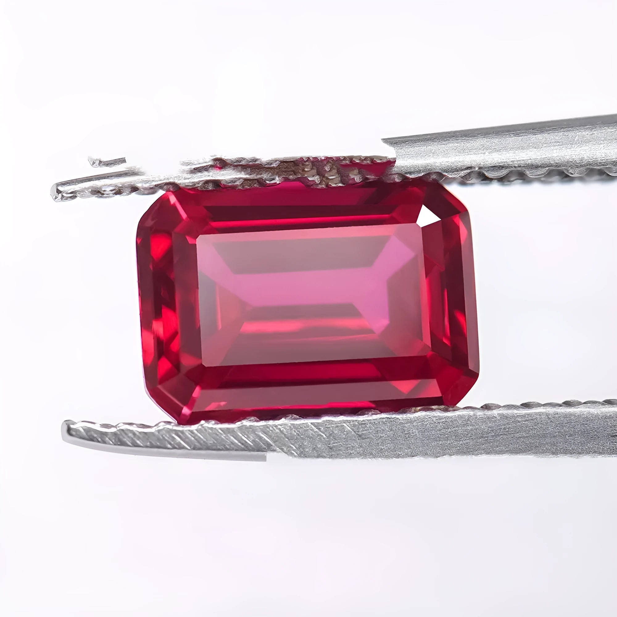 Artificial cultivated ruby gemstone showing red colour in various carat weights and shape options