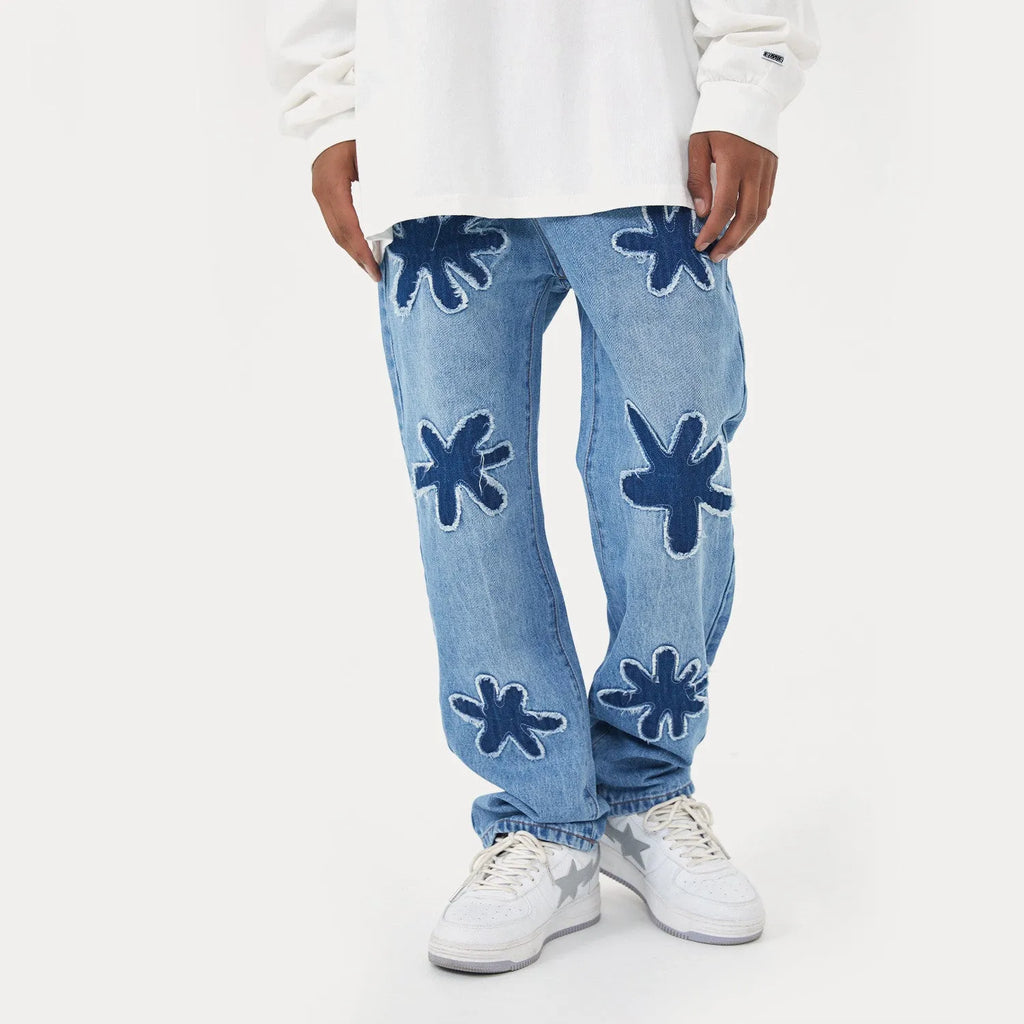 Retro burnt flowers niche wash straight-leg denim jeans in light blue, coffee, and black