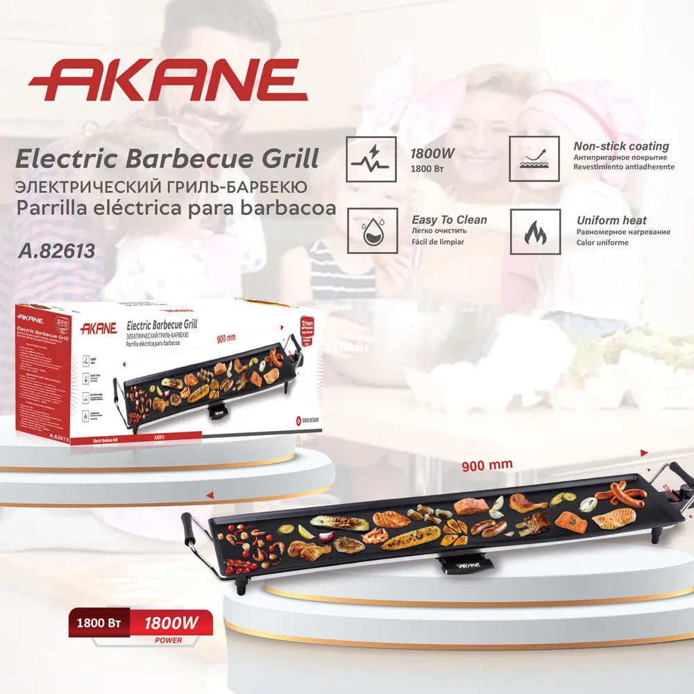 Square home multi-function electric grill pan with non-stick coating and iron body on kitchen countertop