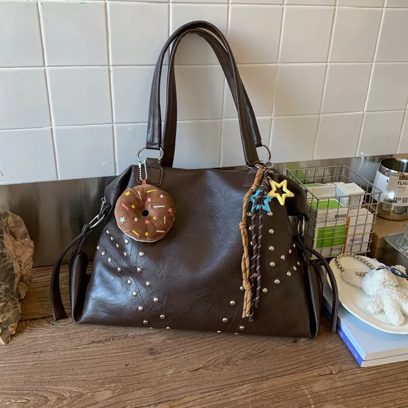 Fengtuote commuter underarm bag in PU leather, horizontal square shape, black colour, with rivet details and double shoulder straps