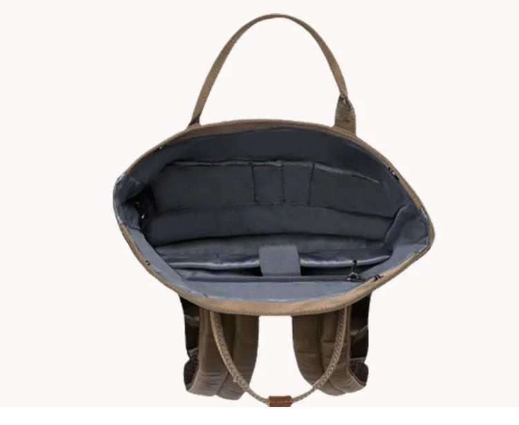 Casual black polyester backpack with a cover flap, shown with a laptop pocket and internal organisation.