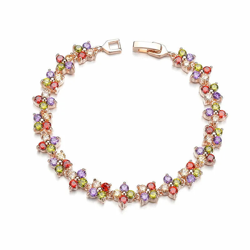 Small flower zircon bracelet in copper with inlaid gem, 0.6cm width, Colourful White Plating finish