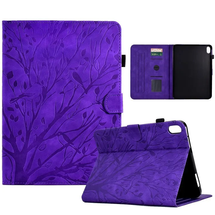 Imitation leather tablet protective case in khaki colour with an engraved texture and built-in stand, open to show an iPad.