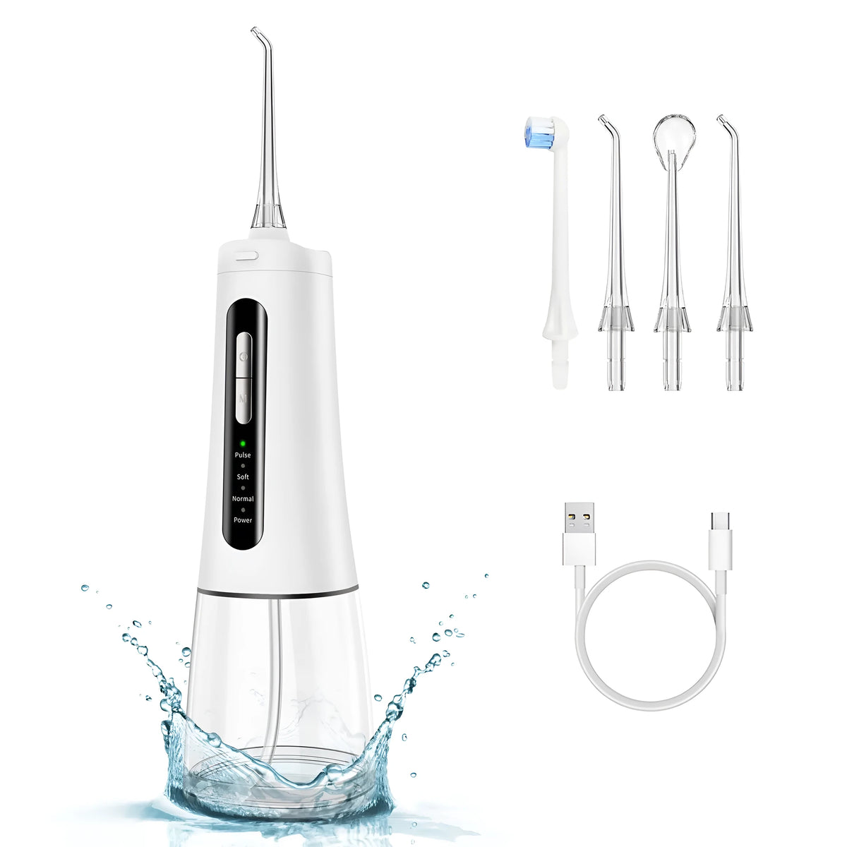 Black rechargeable oral irrigator with 300ml to 400ml tank and four nozzles on white background