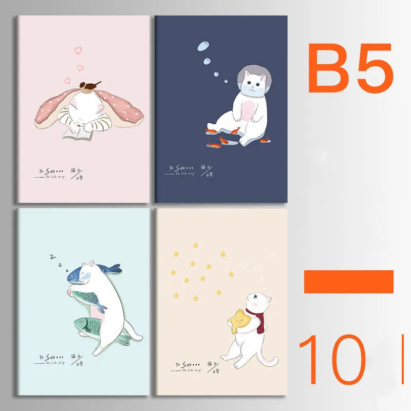 Pack of ten thread-bound A5 and B5 softcover notebooks showing multiple design styles including kraft paper and illustrated covers.