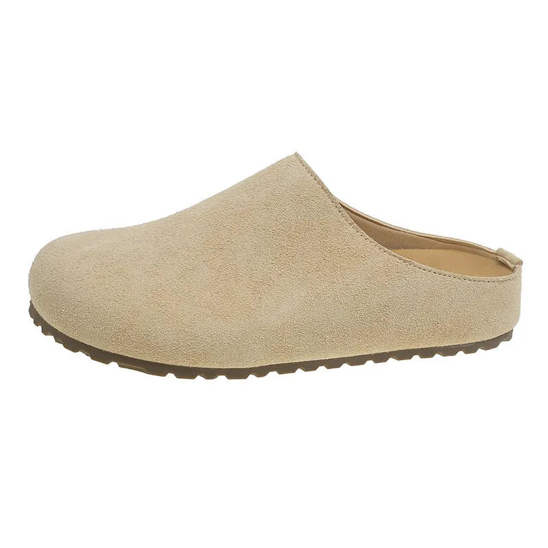 Korean style flat slip-on slippers in apricot colour with microfiber upper and PU sole.
