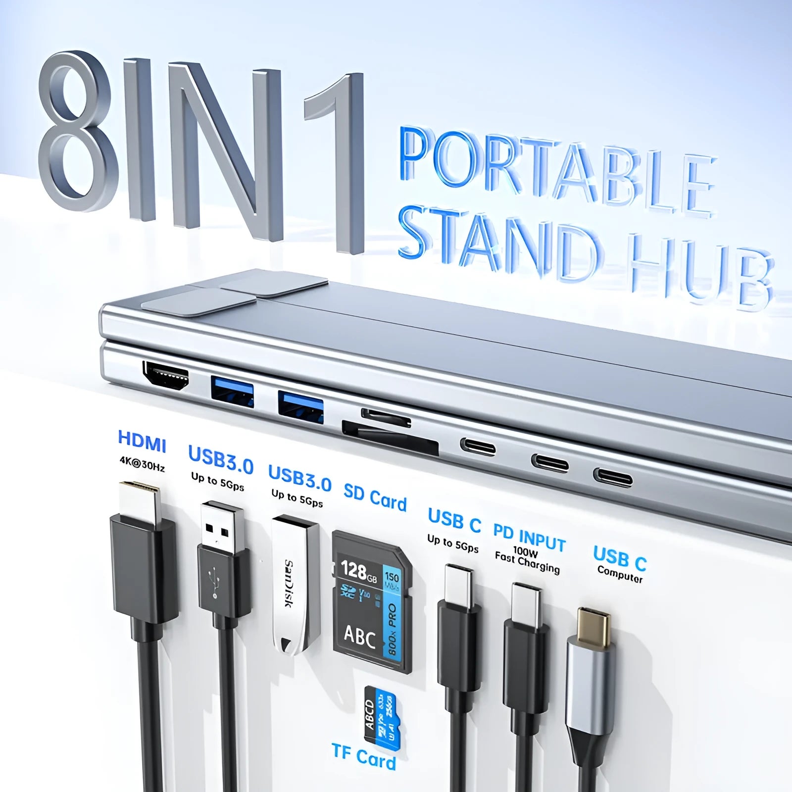Grey aluminium alloy laptop docking station with folding stand and multiple ports