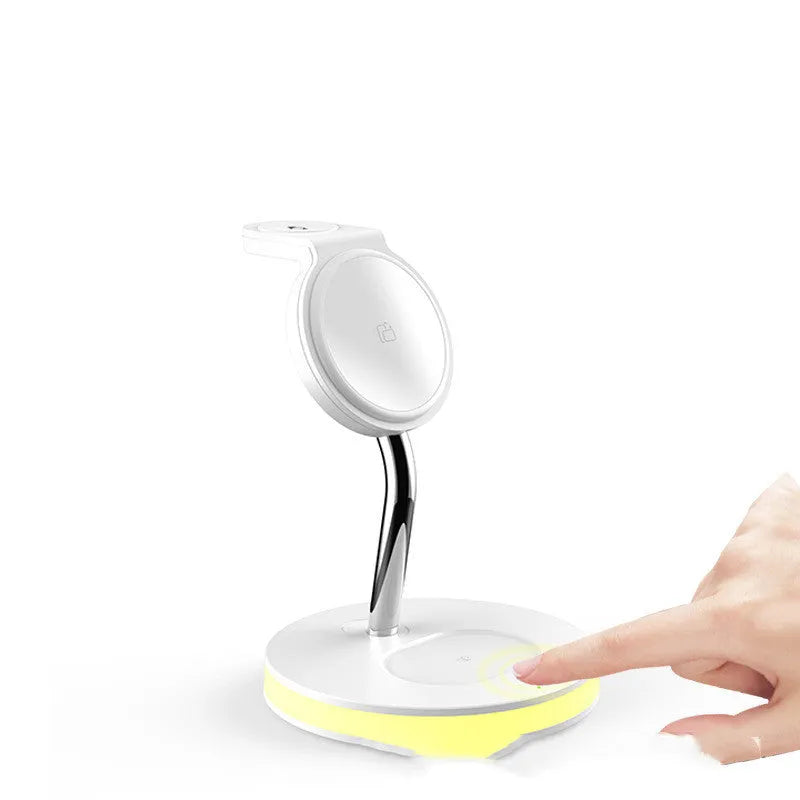 Four in one magnetic wireless charger in black with USB cable and LED light indicator