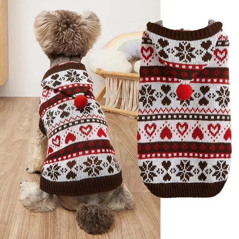 Knitted acrylic dog sweater with striped camouflage pattern in pink, blue, or grey for small breeds