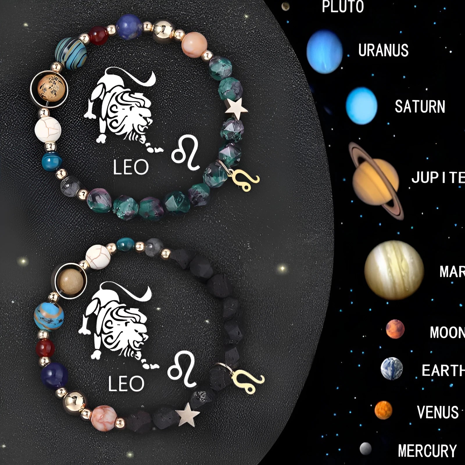 Natural stone beaded bracelet set showing zodiac sign designs on adjustable elastic cord