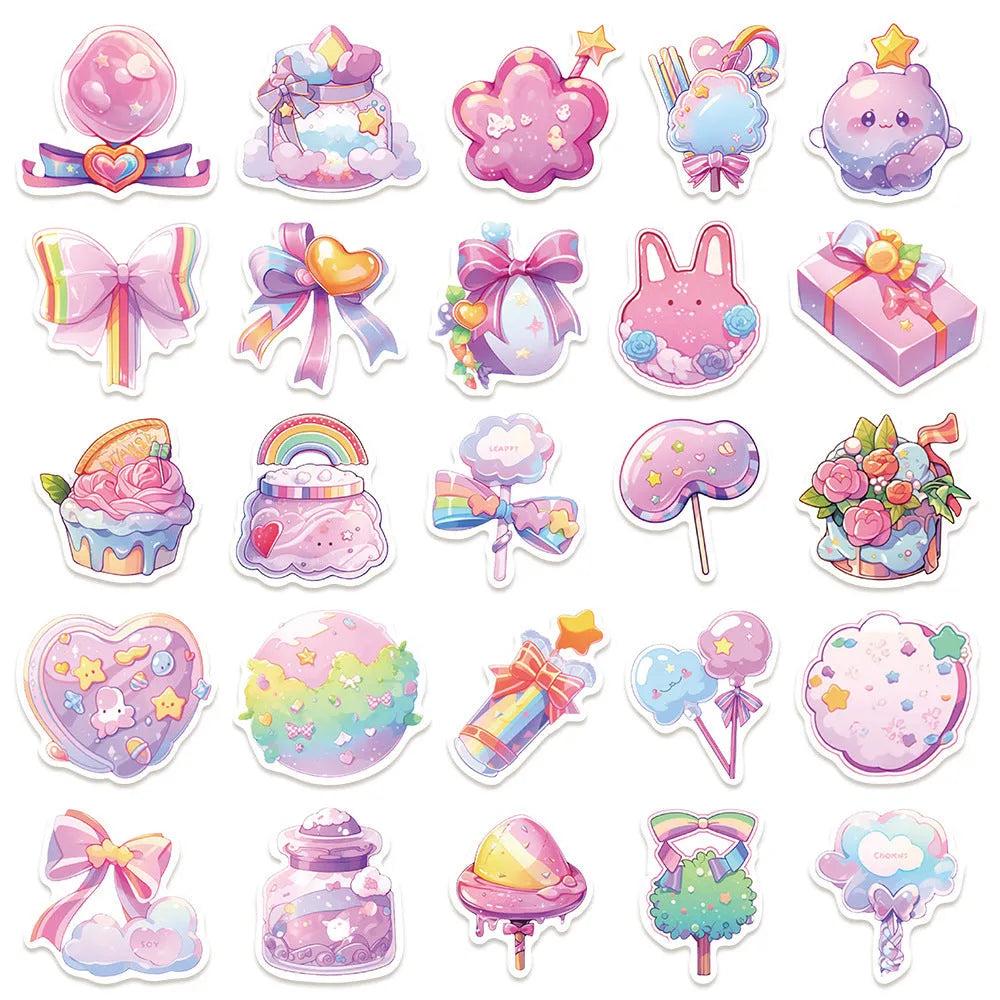 Pack of 50 fresh candy small object decorative waterproof stickers, each measuring between 4 and 7 cm.