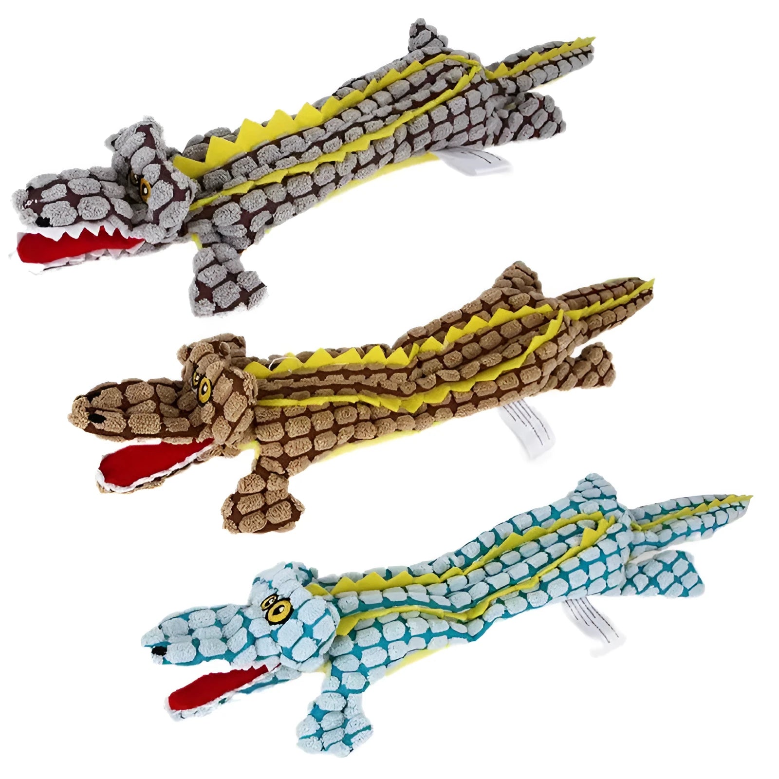 Blue crocodile-shaped plush squeaky dog toy with corduroy fabric on a wooden floor.