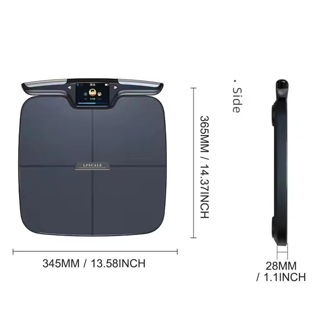 Black eight-electrode body fat intelligent electronic household weighing scale on white background