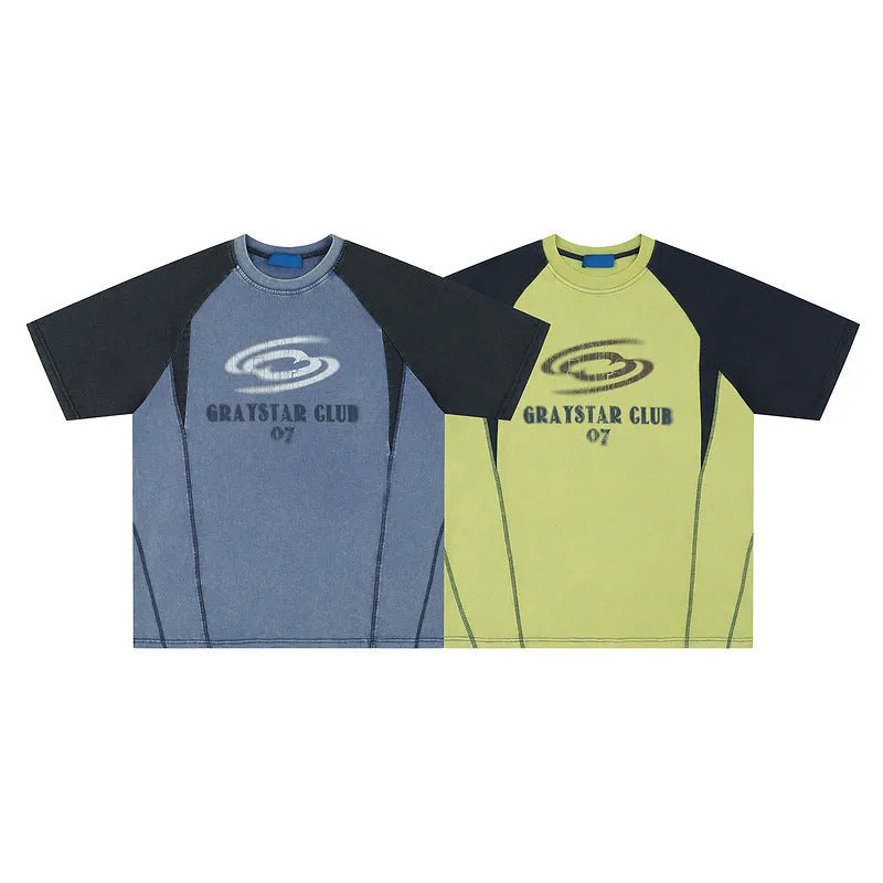 Men's blue hip hop t-shirt with white letter printing and raglan sleeves on hanger