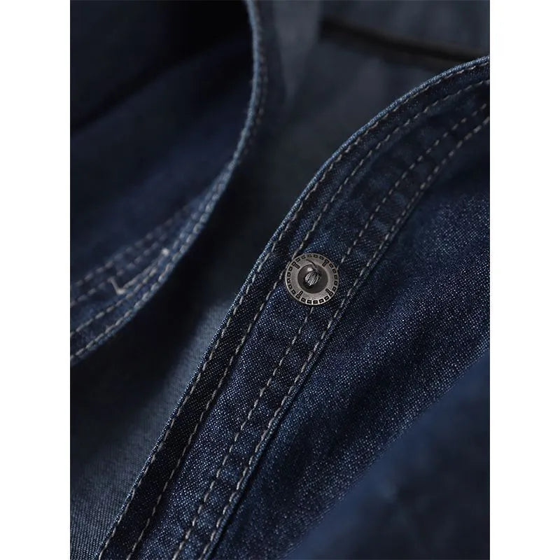 Long sleeve solid colour hooded denim top in Denim Blue with large front pocket