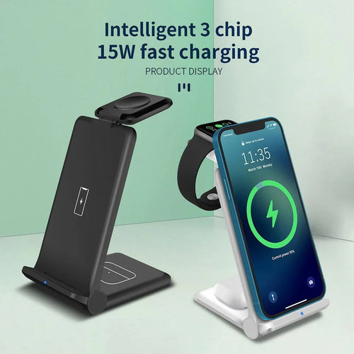 Black and white 3-in-1 foldable wireless charging station for iPhone, Samsung phone, AirPods, and Apple Watch.
