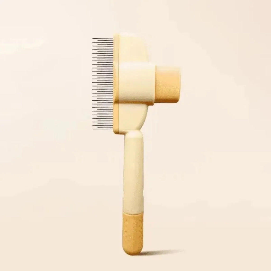 Green and yellow handheld dog grooming brush with one-click hair removal function.