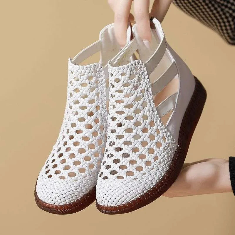 Women's gold and white flat slip-on sandals with round toe and soft TPR soles