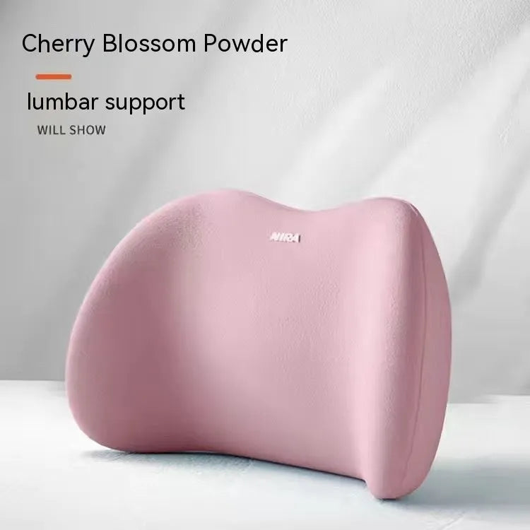 Black memory foam car lumbar support pillow and matching headrest pillow on a car seat.