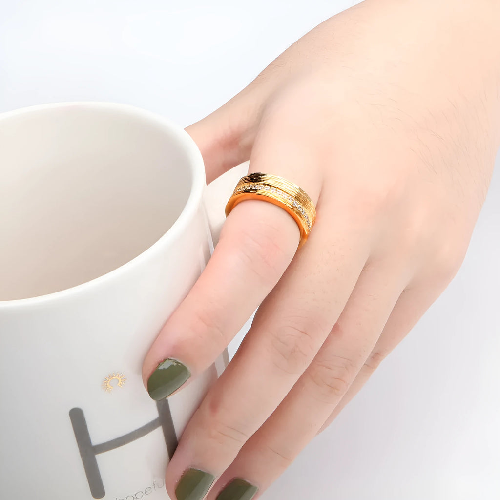 Women's geometric gold zircon ring on copper base with electroplated finish