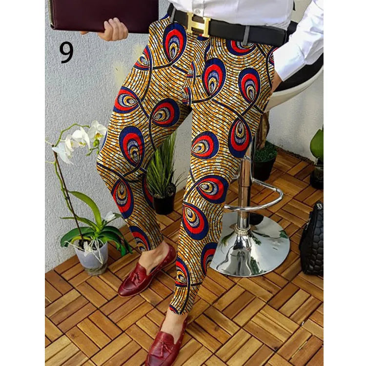 Men's slim-fit straight-leg trousers with a grey and black 3D printed plaid pattern.