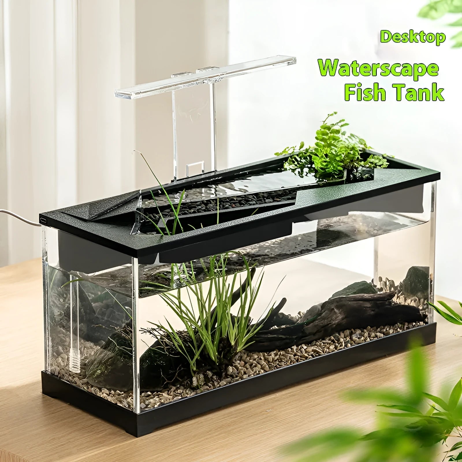 Small acrylic lazy aquarium with integrated filter, water pump, built-in lamp, heating mat, and external light on a desk