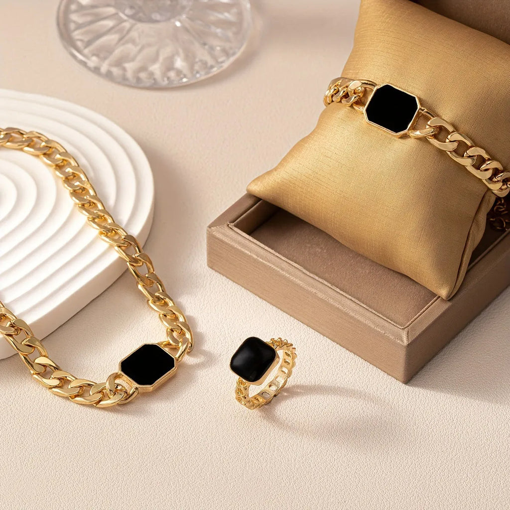 Geometric square chain jewellery set with necklace bracelet and ring in black electroplated alloy