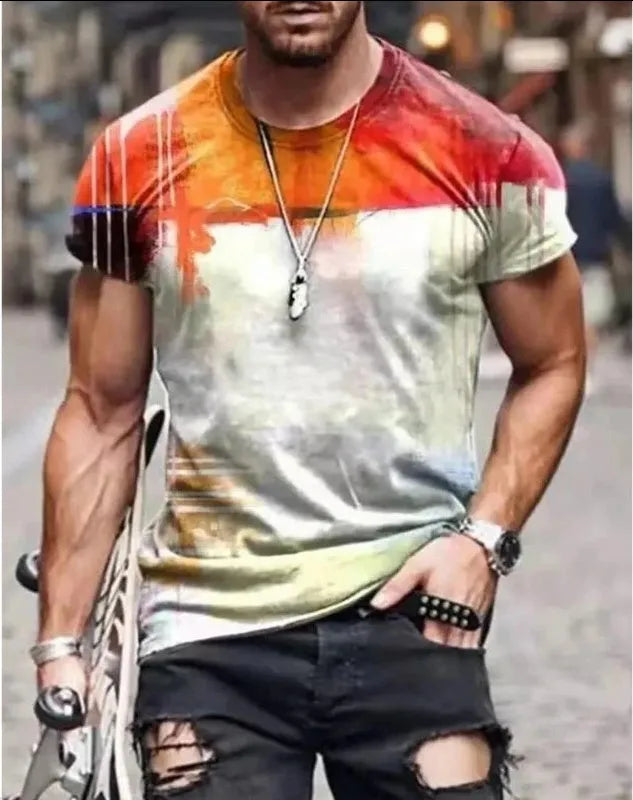 Abstract painting print short-sleeved t-shirt with round neck in Hedging style, cotton blend fabric