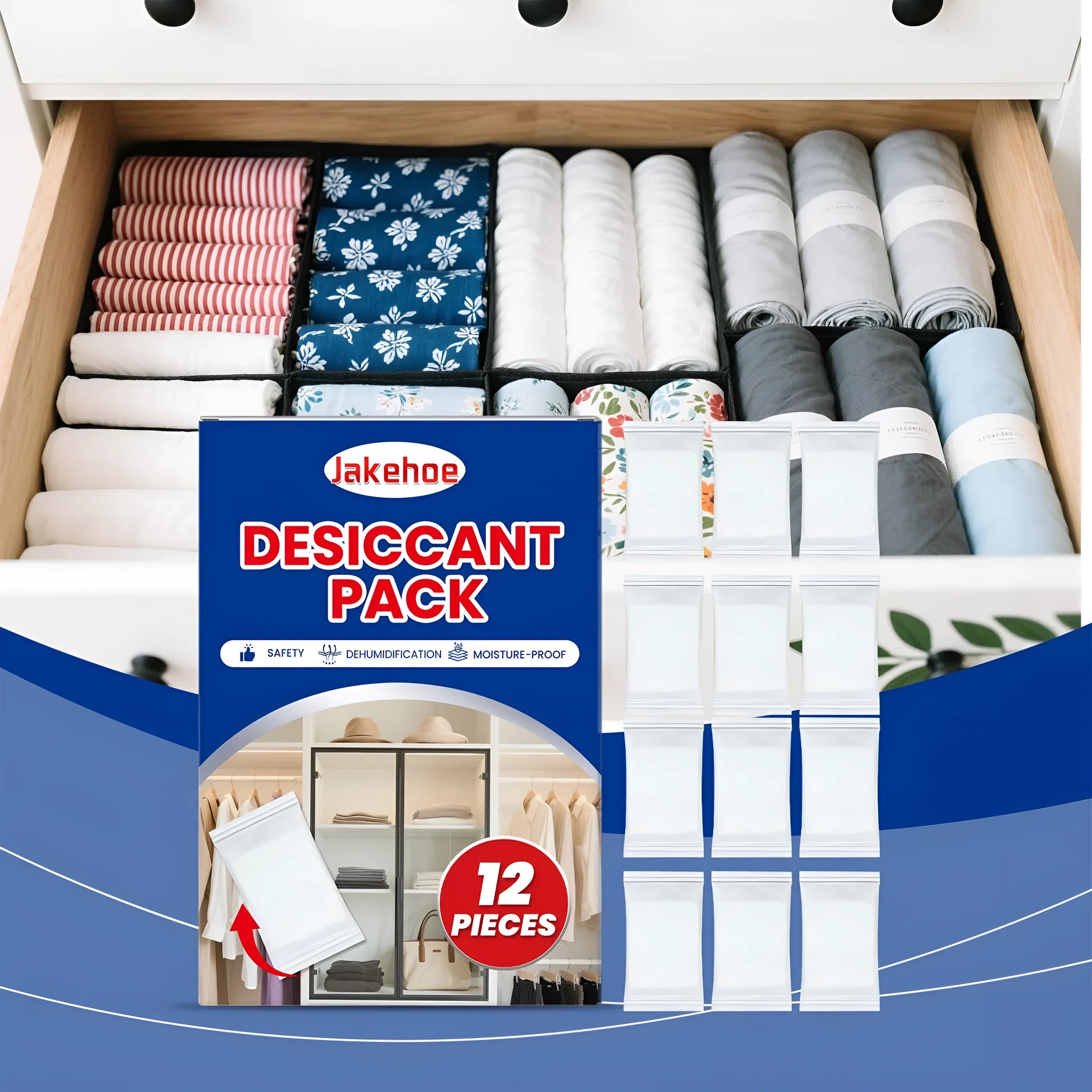 12 white anti-odor space desiccant packets with wood pulp casing for household moisture absorption.