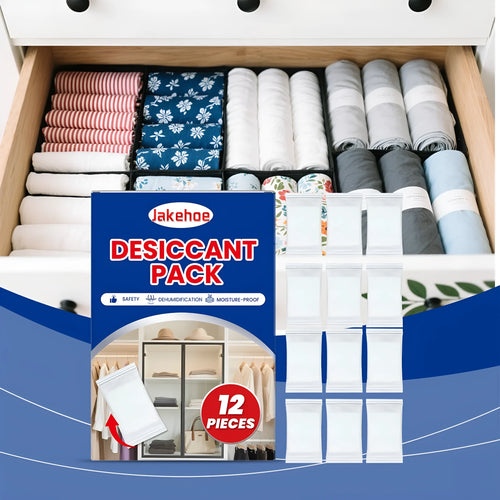 12 white anti-odor space desiccant packets with wood pulp casing for household moisture absorption.