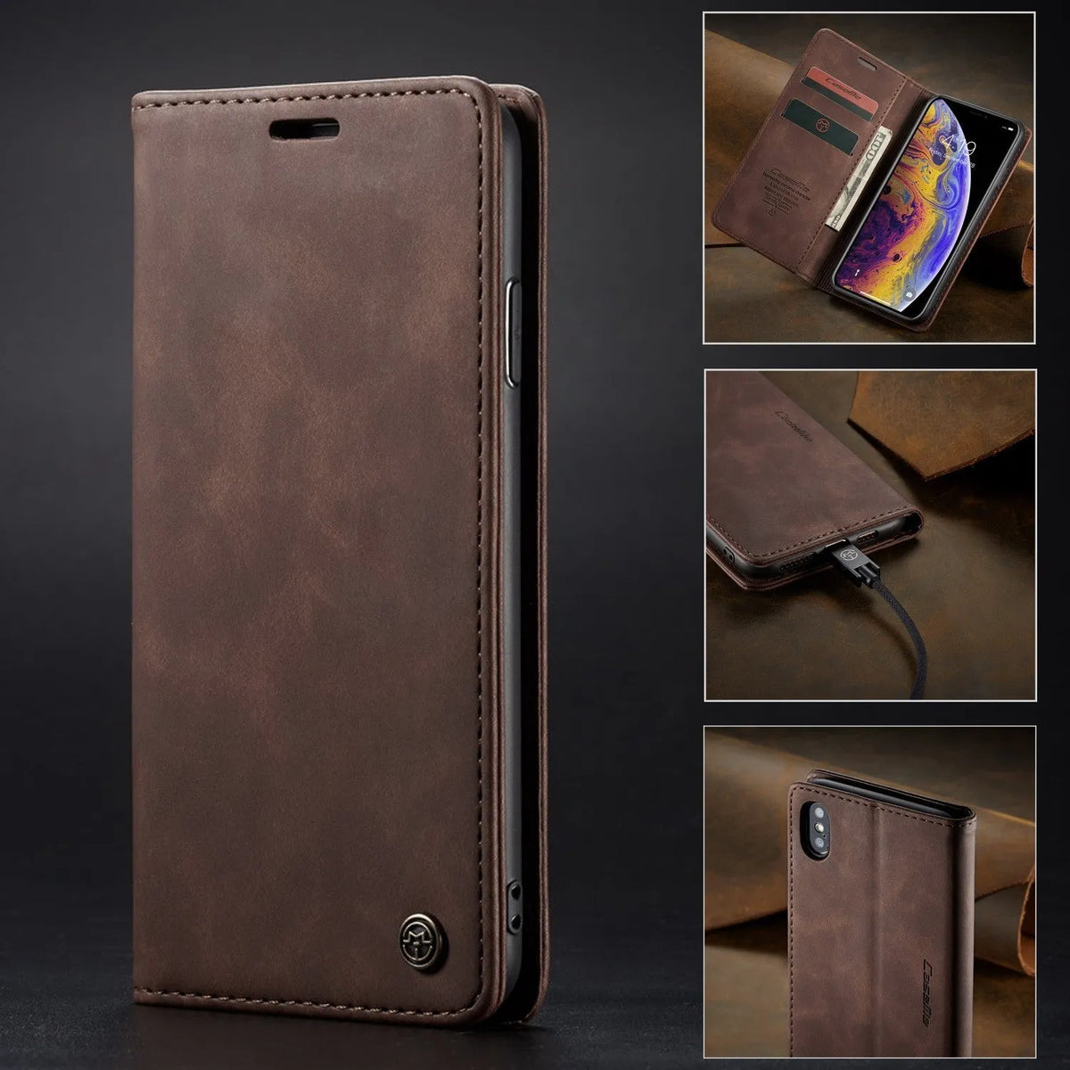 Imitation leather magnetic flip phone case with card holder for iPhone 14 in black