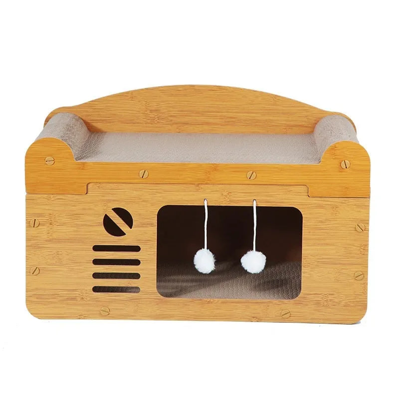 Corrugated paper double-layer cat house with double ball doors for indoor feline enrichment