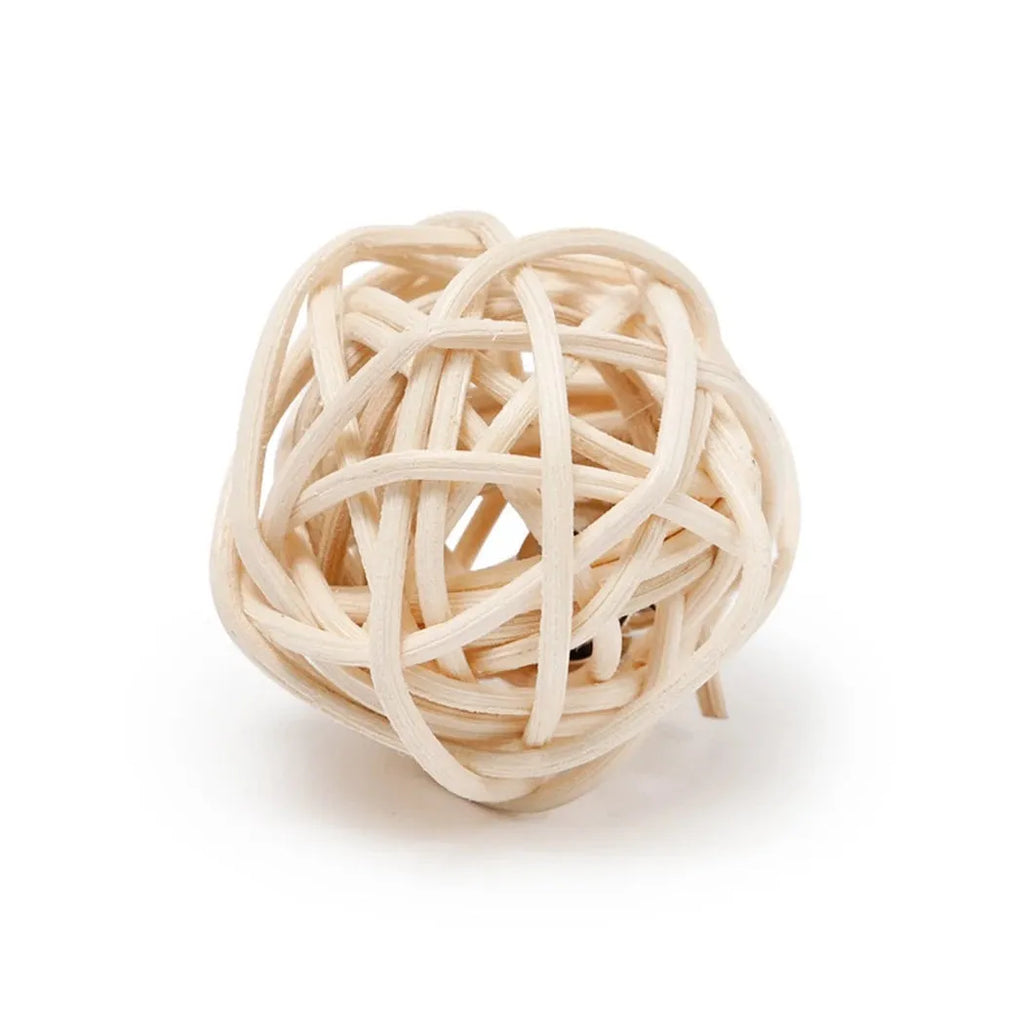 Two cat toys: natural rattan ball with bell and colourful faux feather ball for interactive pet play