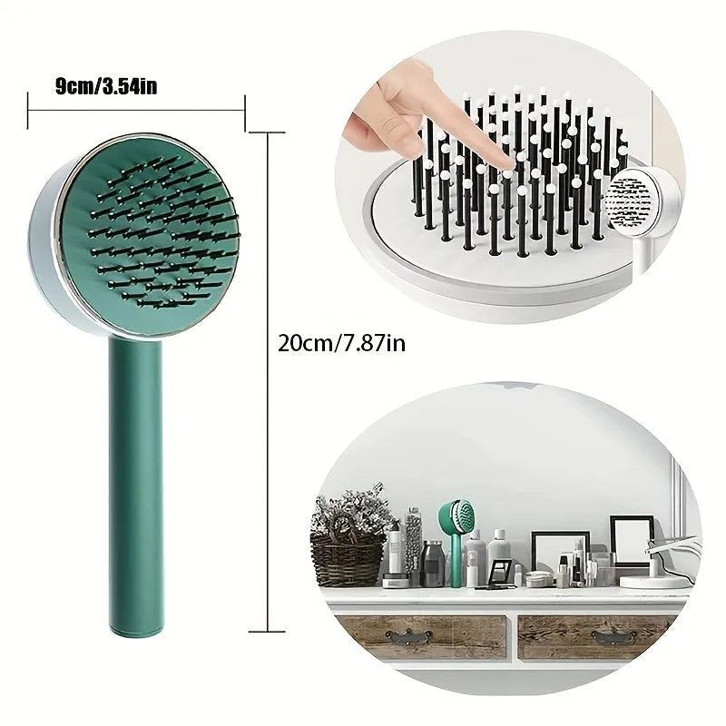 Self-cleaning hair brush for women with 3D air cushion and one-key button in green colour