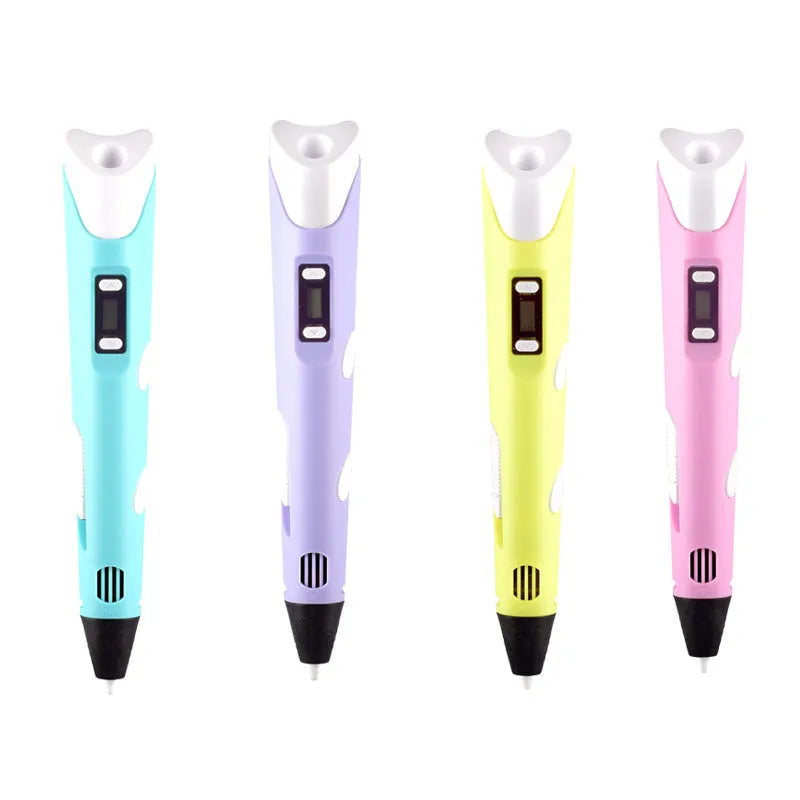 Children's 3D printing pen set in yellow with USB cable, base, and three-colour plastic filament in a colour box