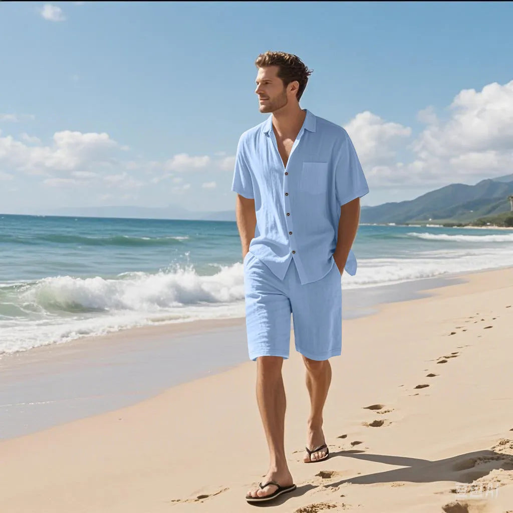 Men's linen blend short sleeve beach shirt and matching shorts in a light blue colour.