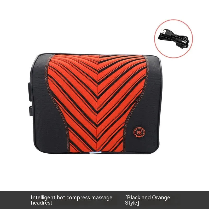 Black and orange electric heating massage car headrest and lumbar support cushion on a car seat.