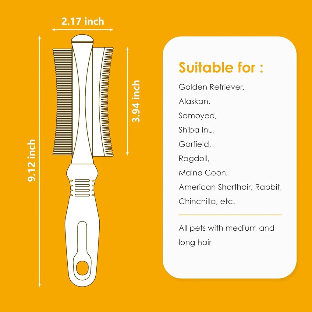White double-sided dog and cat grooming brush showing curved comb and deshedding blade heads.