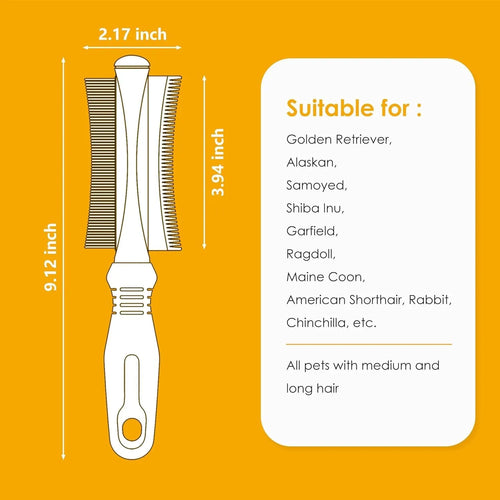 White double-sided dog and cat grooming brush showing curved comb and deshedding blade heads.