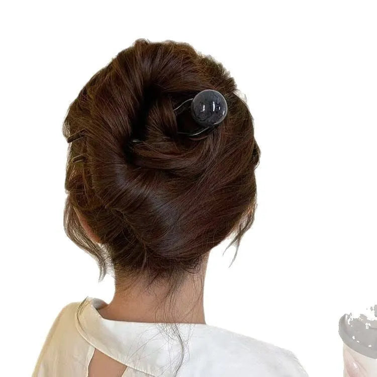 Simple U-shaped acrylic barrettes with ball retro design in beige, caramel, dark gray and green colours