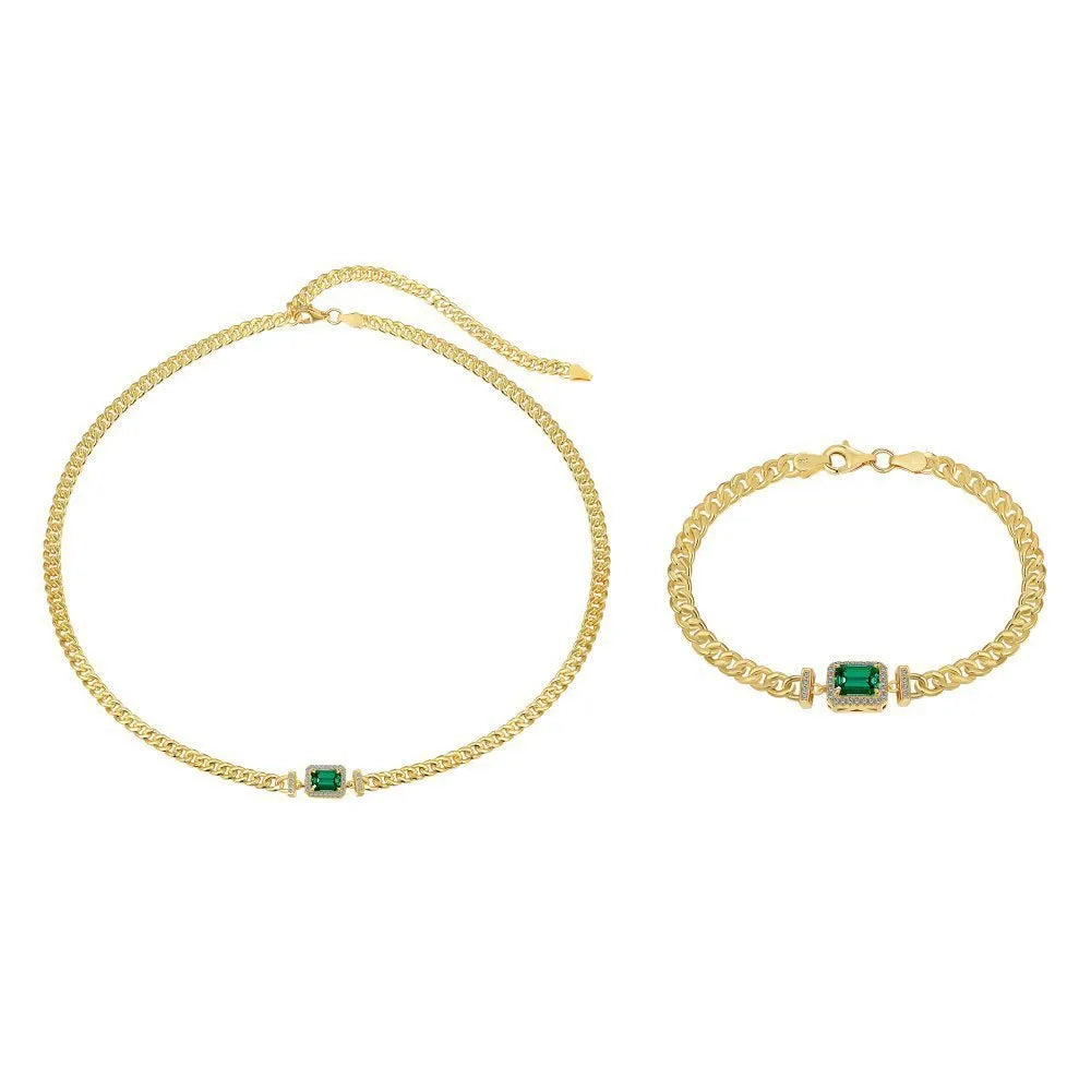 925 silver Cuban link chain necklace and bracelet set with electroplated gold finish for women