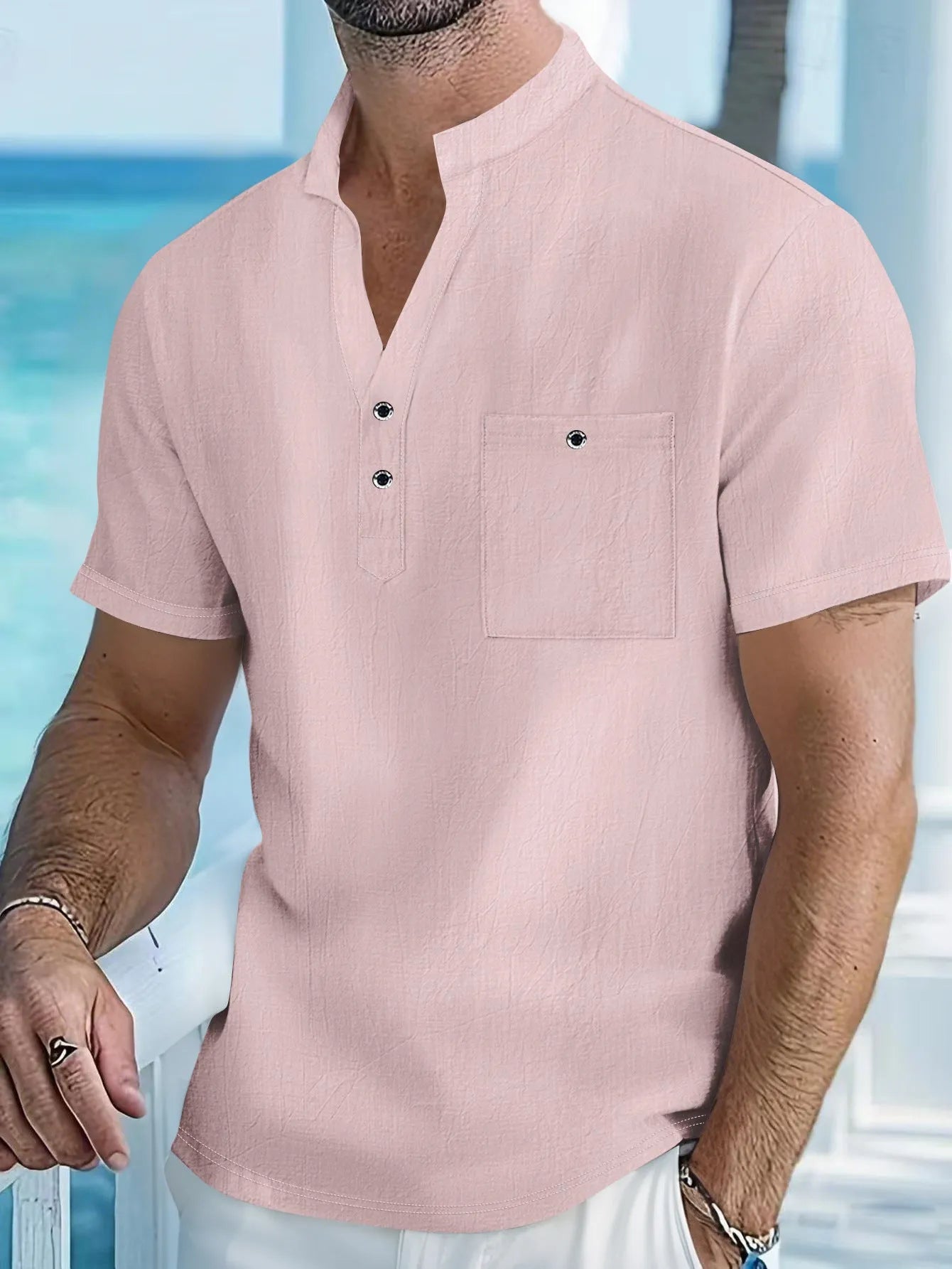 Men's linen stand collar short sleeve shirt in loose fit with solid colour