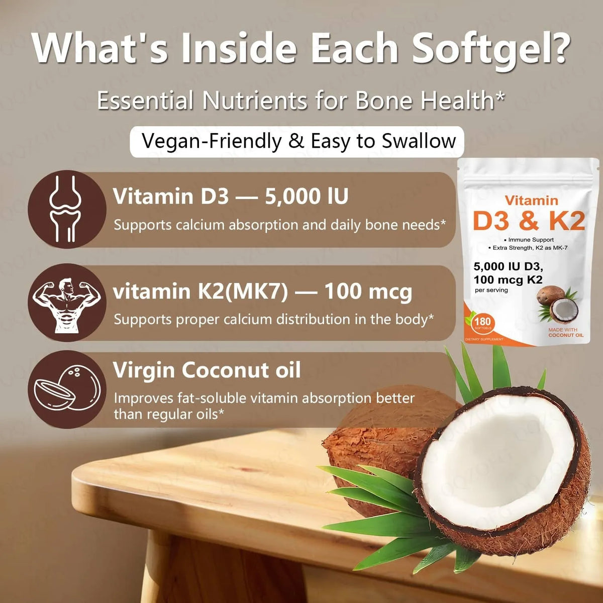 Vitamin D3 K2 softgels 5000 IU with coconut oil in a 180-count bottle, oval 2 cm softgels for easy swallowing