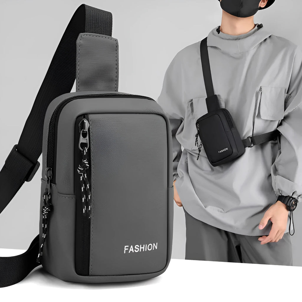 Large capacity nylon crossbody bag for men, vertical square shape, black colour, sewing line details, medium-soft structure