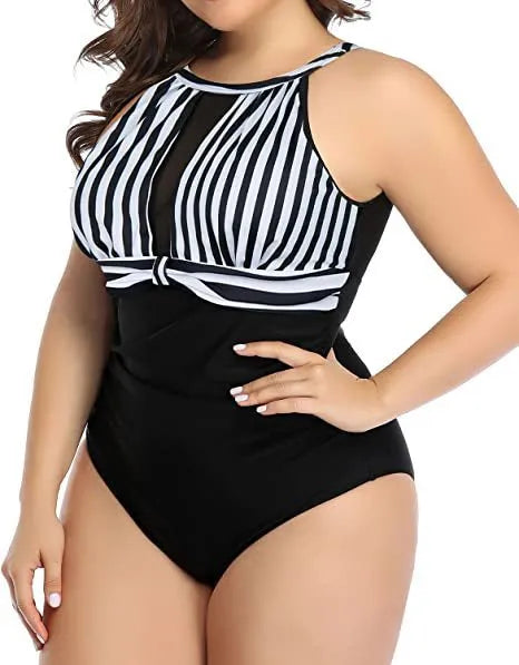 Women's black lace one-piece swimsuit on a hanger, with red floral and striped pattern options shown