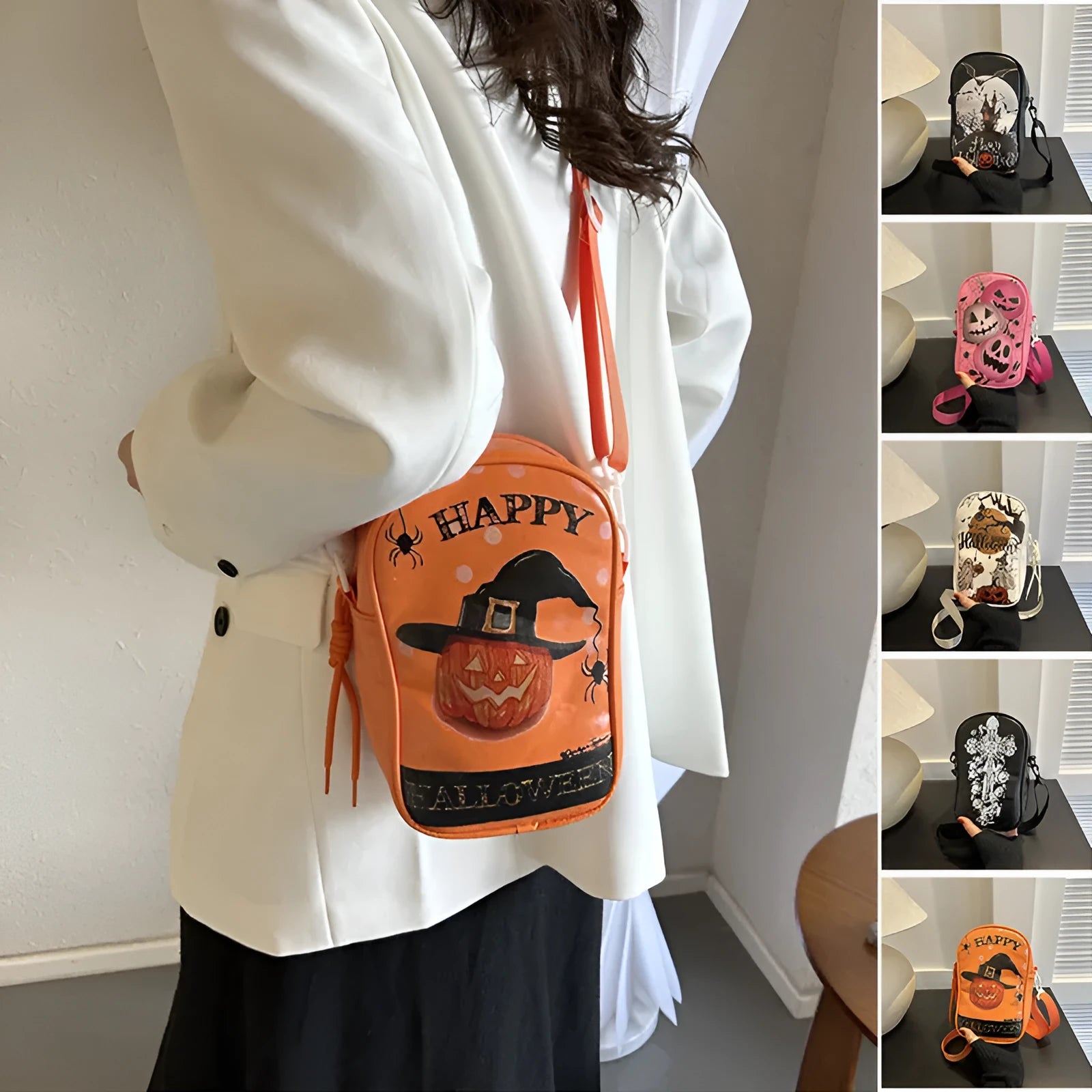 Halloween graffiti print crossbody phone bag with cartoon pumpkins, in multiple colours.