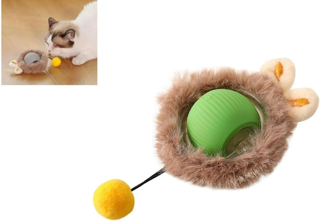 Automatic rotating pet ball with string in grey, green, and red colours for dogs and cats