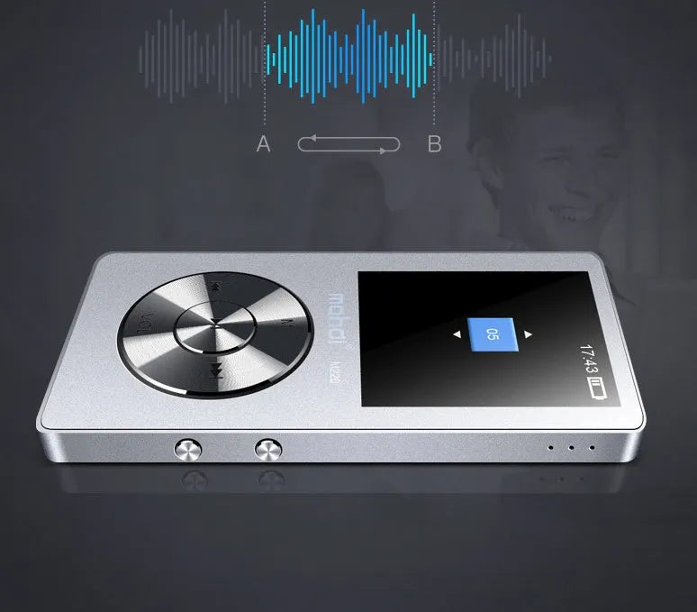 Gold coloured all-metal portable MP3 music player with a 1.8-inch screen.