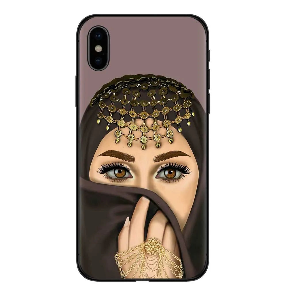 Islamic hijab veil design iPhone case with rhinestone and floral patterns on a flexible TPU back cover.