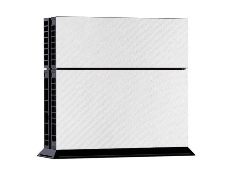 Black carbon fibre vinyl skin sticker for PlayStation 4 console on a white background.